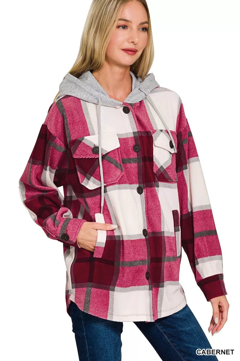 Zenana Plaid Drawstring Hooded Fleece Shacket - Blu Lotus Boutique