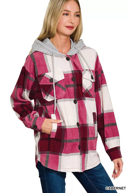 Zenana Plaid Drawstring Hooded Fleece Shacket - Blu Lotus Boutique