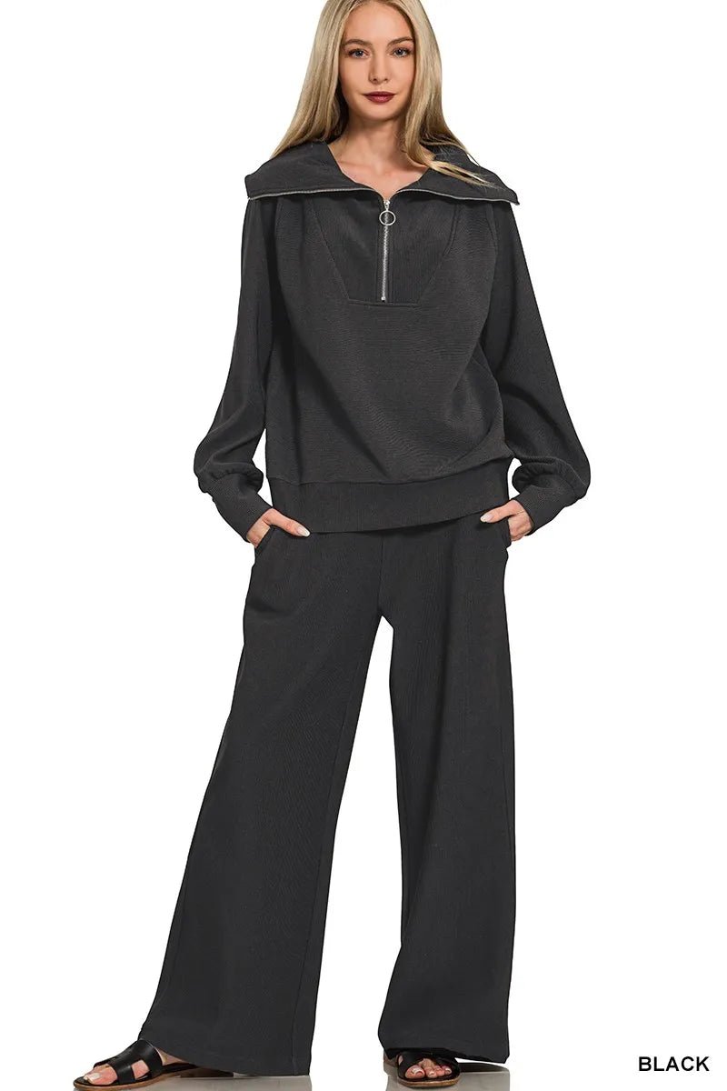 Zenana Ribbed High Neck Half Zip Pullover & Pants Set - Blu Lotus Boutique