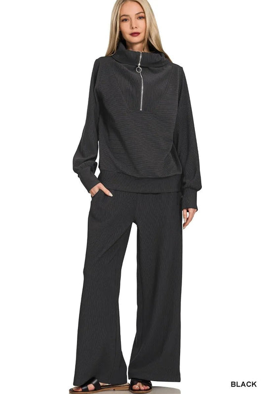 Zenana Ribbed High Neck Half Zip Pullover & Pants Set - Blu Lotus Boutique