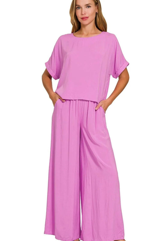 Zenana Round Neck T-Shirt and Wide Leg Pants Set - Blu Lotus Boutique