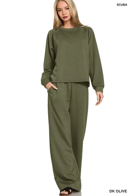 Zenana Scuba Crewneck Sweatshirt and Pants Set - Blu Lotus Boutique