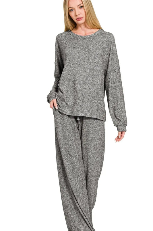 Zenana Soft Melange Hacci Long Slv Tee & Pants Set - Blu Lotus Boutique