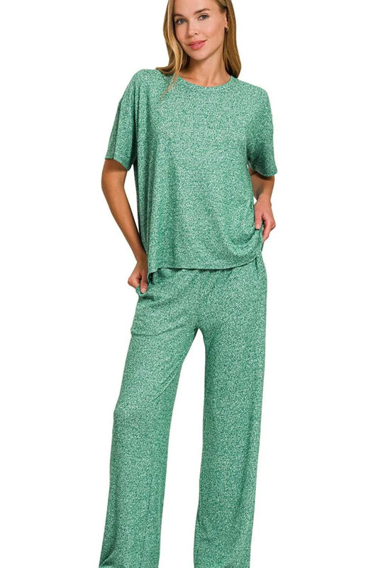 Zenana Soft Melange Short Sleeve Tee & Long Pants Set - Blu Lotus Boutique