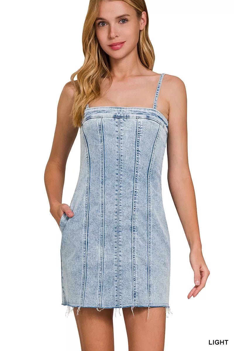 Zenana Spaghetti Strap Exposed Seam Light - Wash Dress - Blu Lotus Boutique