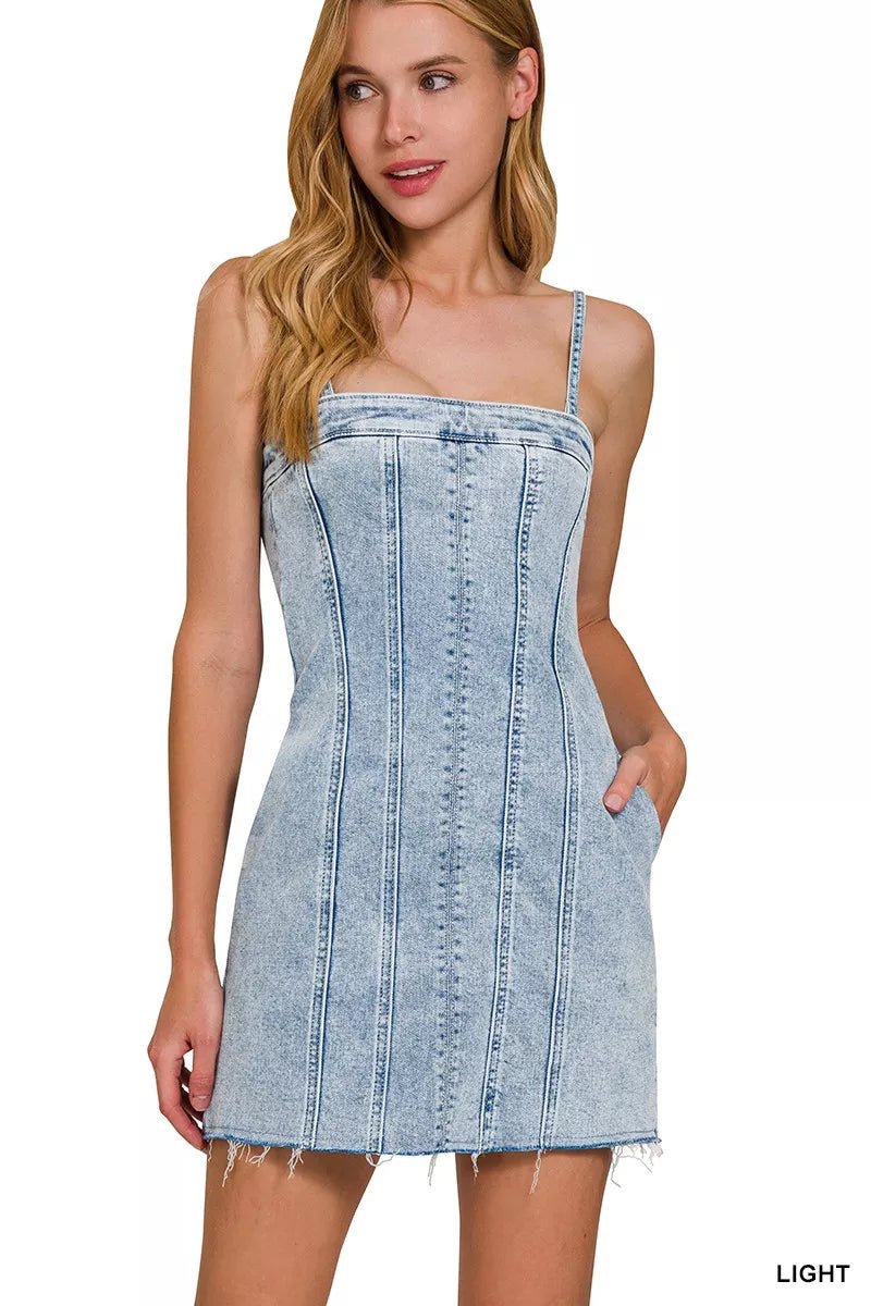 Zenana Spaghetti Strap Exposed Seam Light - Wash Dress - Blu Lotus Boutique