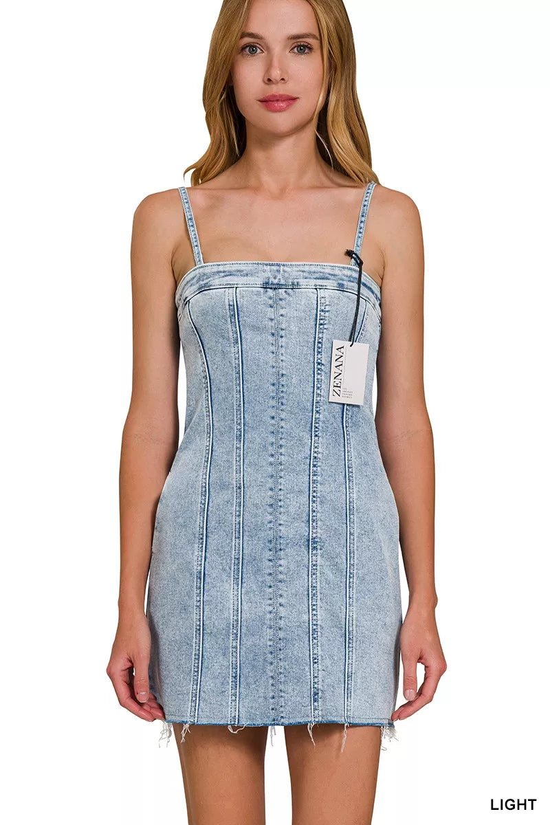 Zenana Spaghetti Strap Exposed Seam Light - Wash Dress - Blu Lotus Boutique