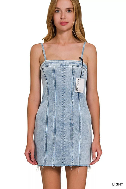 Zenana Spaghetti Strap Exposed Seam Light - Wash Dress - Blu Lotus Boutique